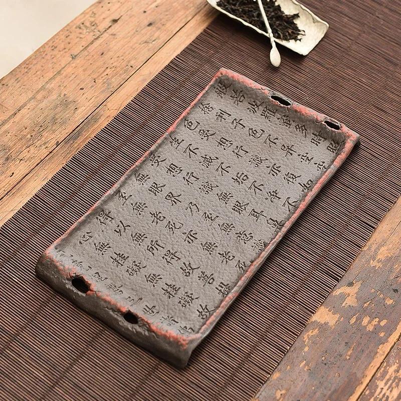 Vintage Coarse Clay Tea Tray - Aged Rock Mud Ceramic Tabletop Dry Brewing Board, Rectangular Kungfu Tea Set with Non-Slip Base