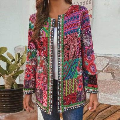 O-neck Long Sleeve Open Stitch Pockets Cardigan Coat Women Autumn Ethnic Style Retro Print Outerwear