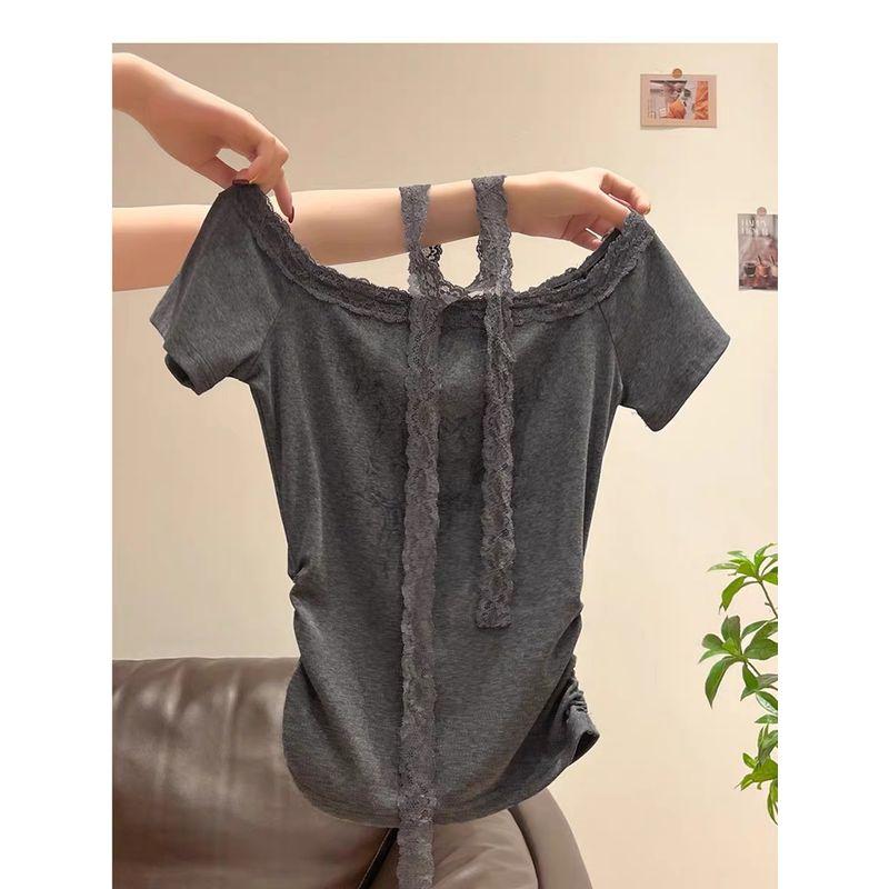 

Popular Hot-Selling Product Recommend This Year ~ Tight Waist Slim Looking Is Awesome! Gentle Lace Edge Scarf Short Sleeve Tops Women s Summer Grey 300 pieces from 38