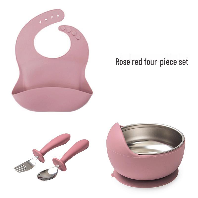 Edelstahl Kinder-Essgeschirr mit Anti-Rutsch-Silikon-Saugfuß & Besteck