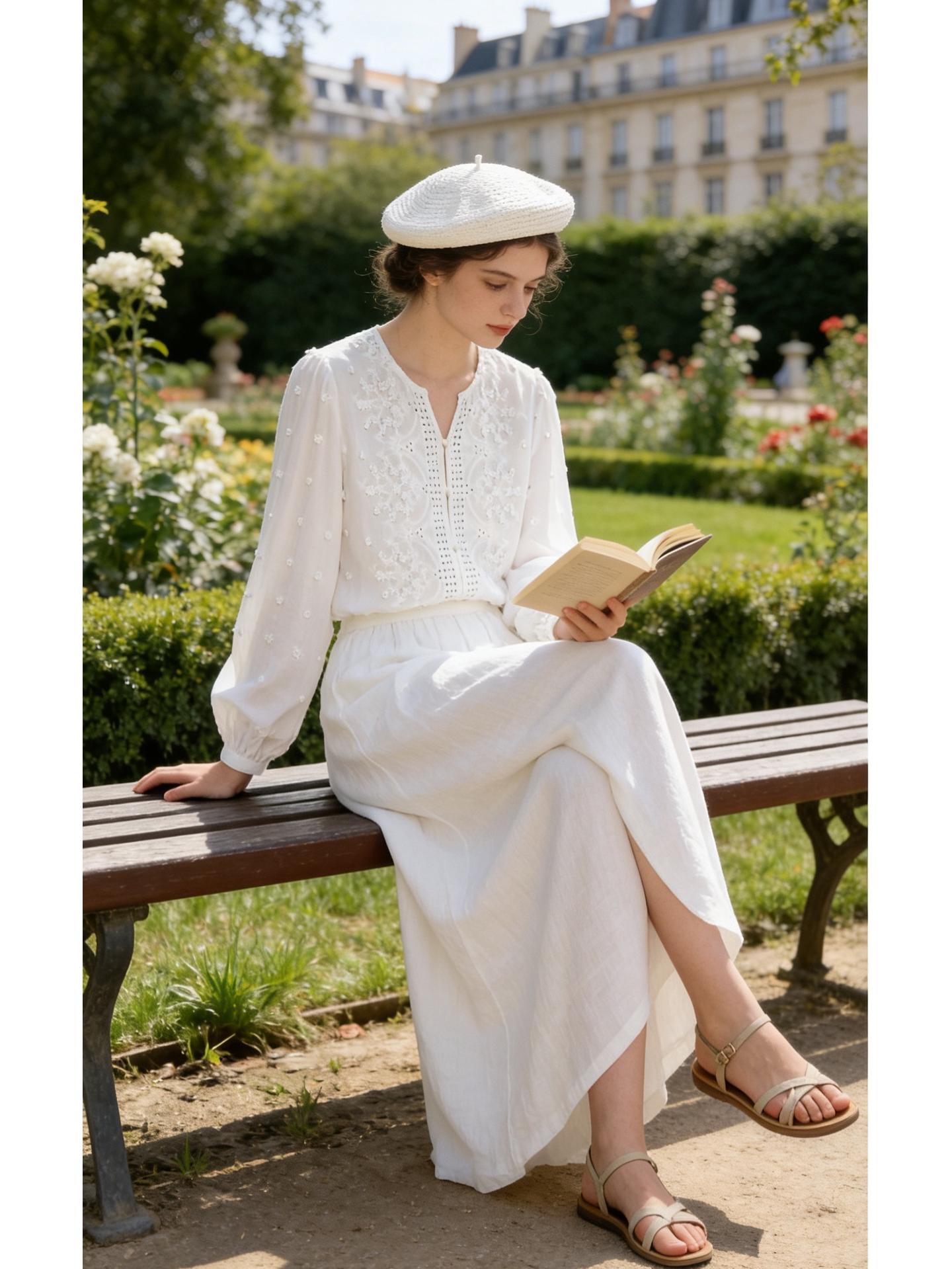 

Spring 2026 Women s Fashion French Embroidered White Long Sleeve Shirt Large білий