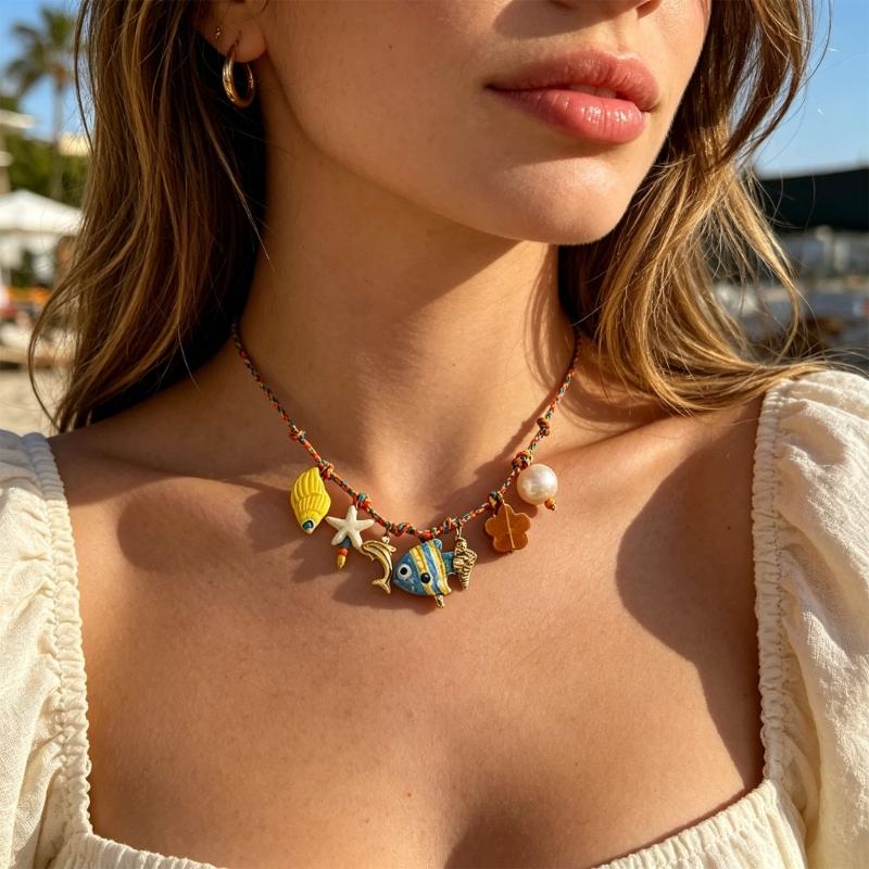 Braided Cord Shell Necklace Coastal Neckchain With Ceramic Ocean Details for Beach Vacation, Resort Wear and Casual Use