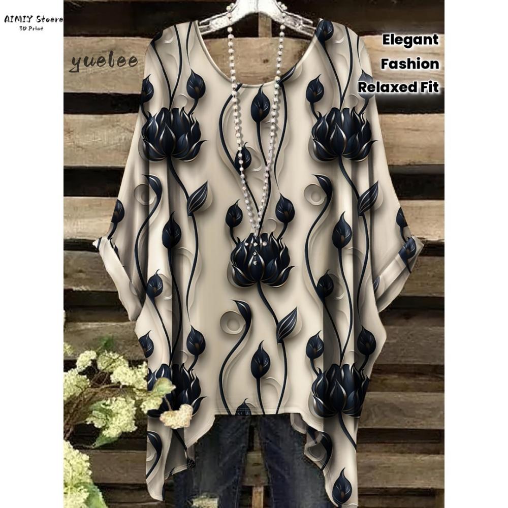 T-shirt Elegante Bohemien da Donna Stampa Notte Stellata Bianco Pois su Tutta la Superficie Orlo Asimmetrico Scollo a O Moda Casual Donna Abbigliamento Y2k