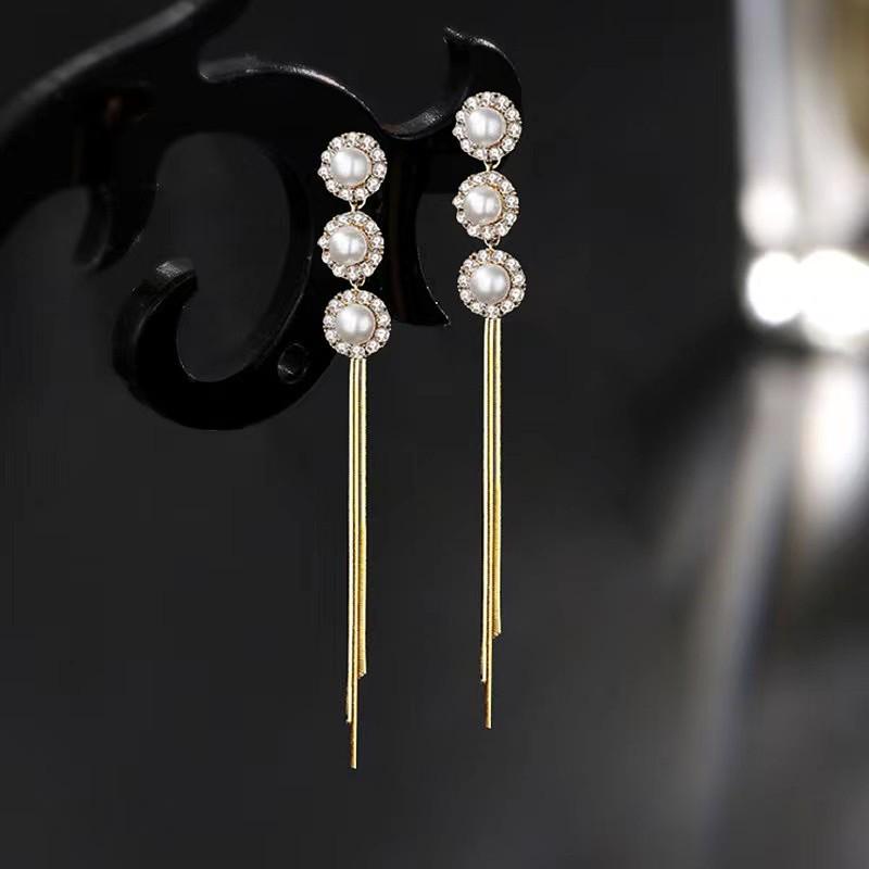 925 Sterling Silver Long Tassel Korean Earrings with Faux Pearl Ear Studs