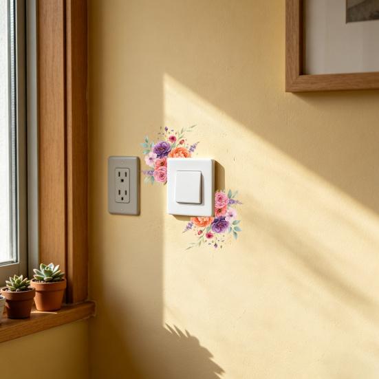 Flower Light Switch Sticker Removable Floral Wall Decal Self-Adhesive Socket Decor for Living Room Bedroom Kitchen