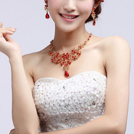 Party Red Color Golden Alloy Bridal Wedding Pendant Necklace Earrings Set