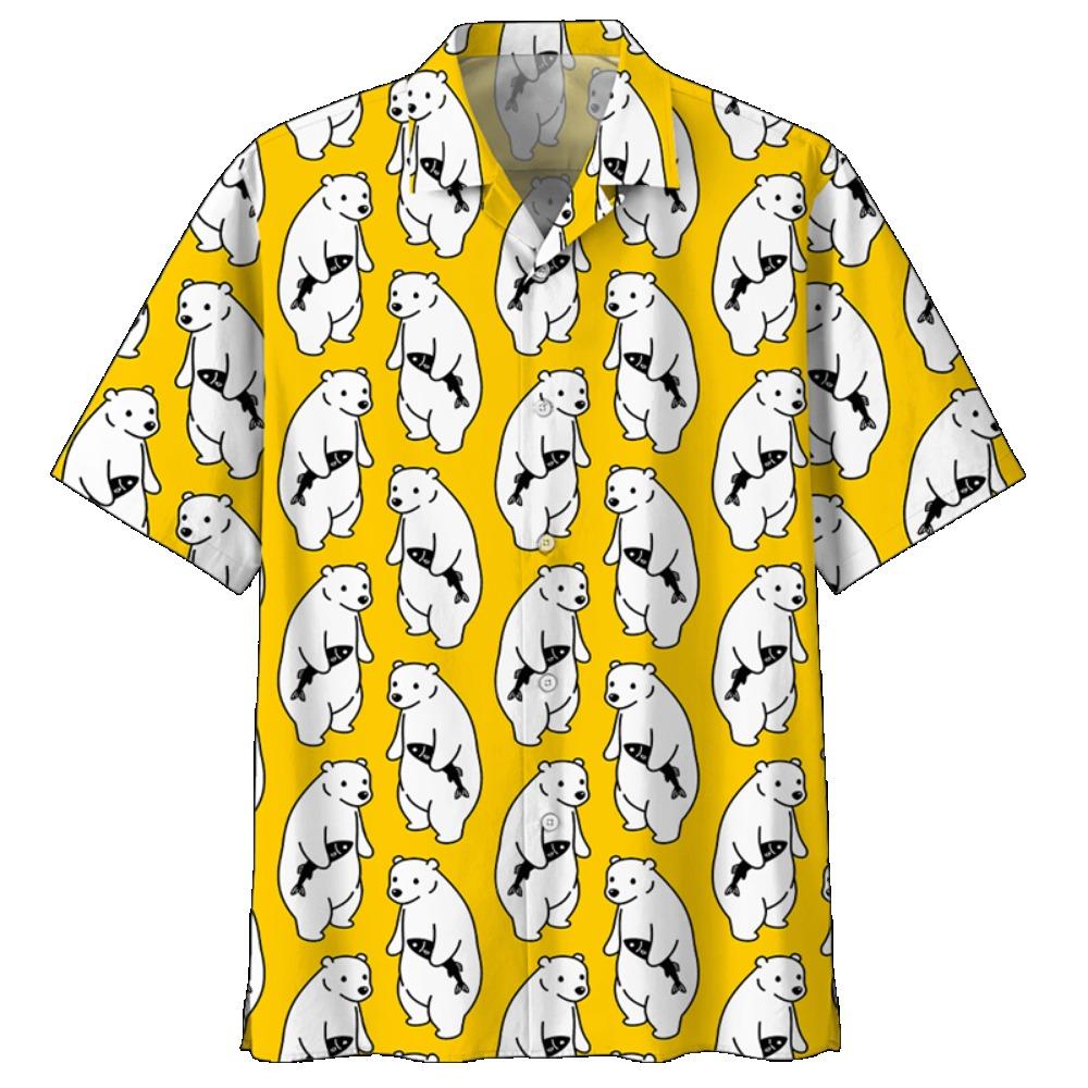Cute Polar Bear Pattern Aloha Shirt For Men 3D Printed Panda Animal Short Sleeve Loose Lapel Hawaiian Shirts Button Blouse