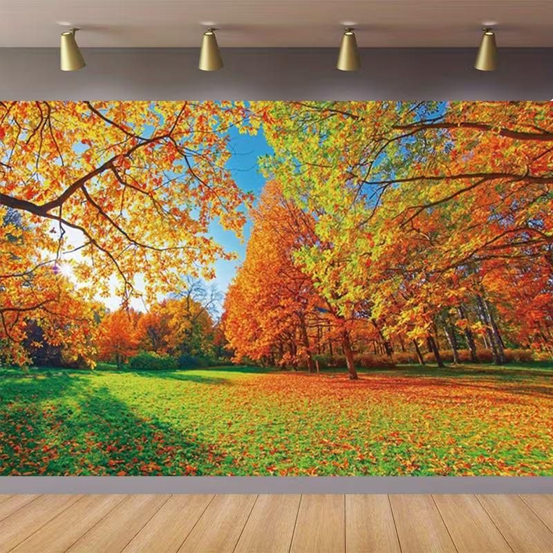 2D Bright Autumn Backdrop, Fall Forest Maple Trees Background for Outdoor Themed Events