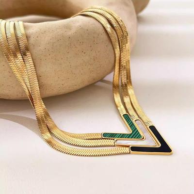 European & American V-Shaped Titanium Steel Necklace with Luxurious Flat Snake Chain - Durable & Fade-Resistant