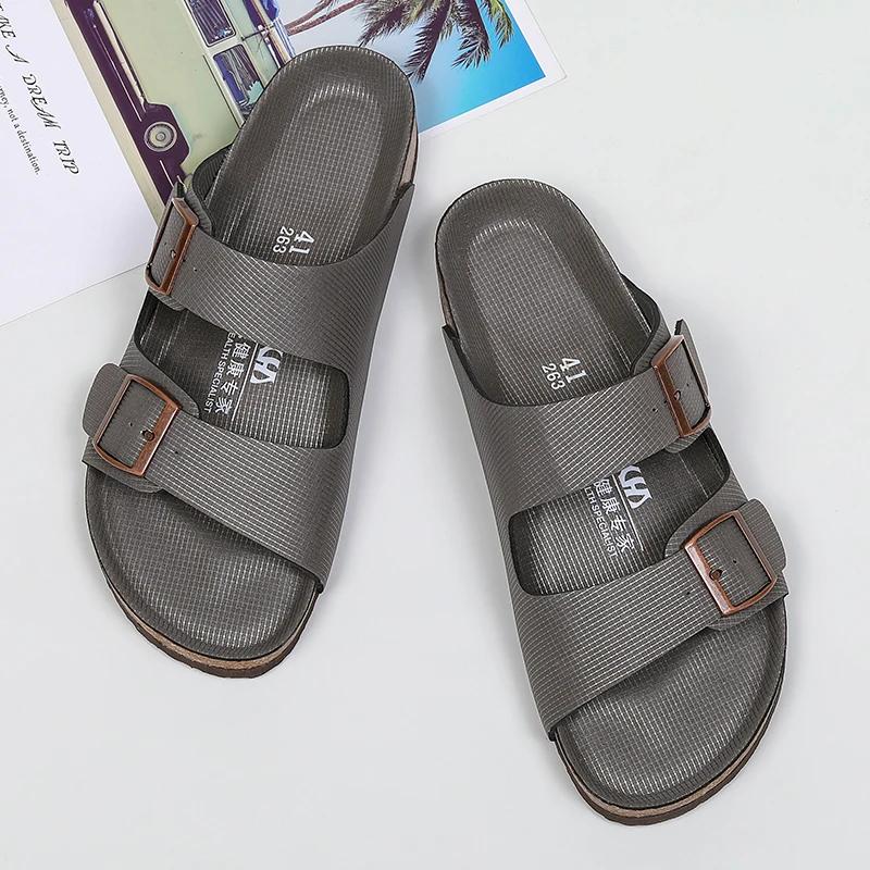 Fashion Thick Sole Men Cork Slippers Summer Casual Double Buckle Non-slip Clogs Slides Slip On Men Leather Beach Vacation Comfort Shoes
