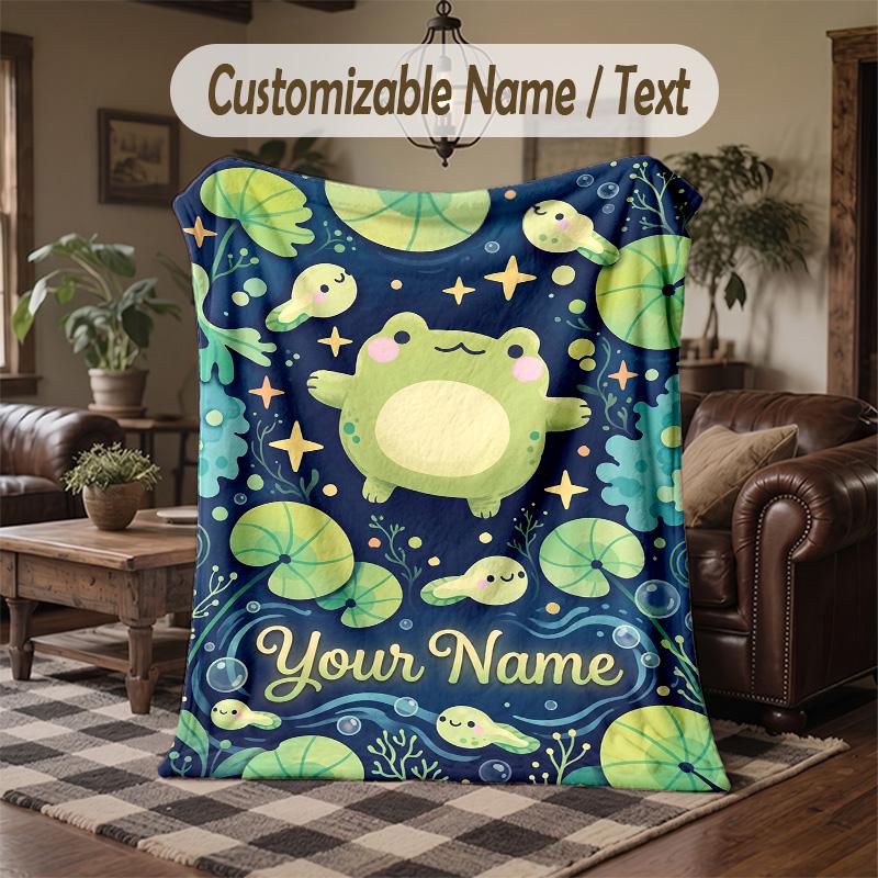 Frog Lotus Fantasy Theme Throw Blanket Custom Name Text Personalized Blanket Soft Cozy Blanket for Home Sofa Bed