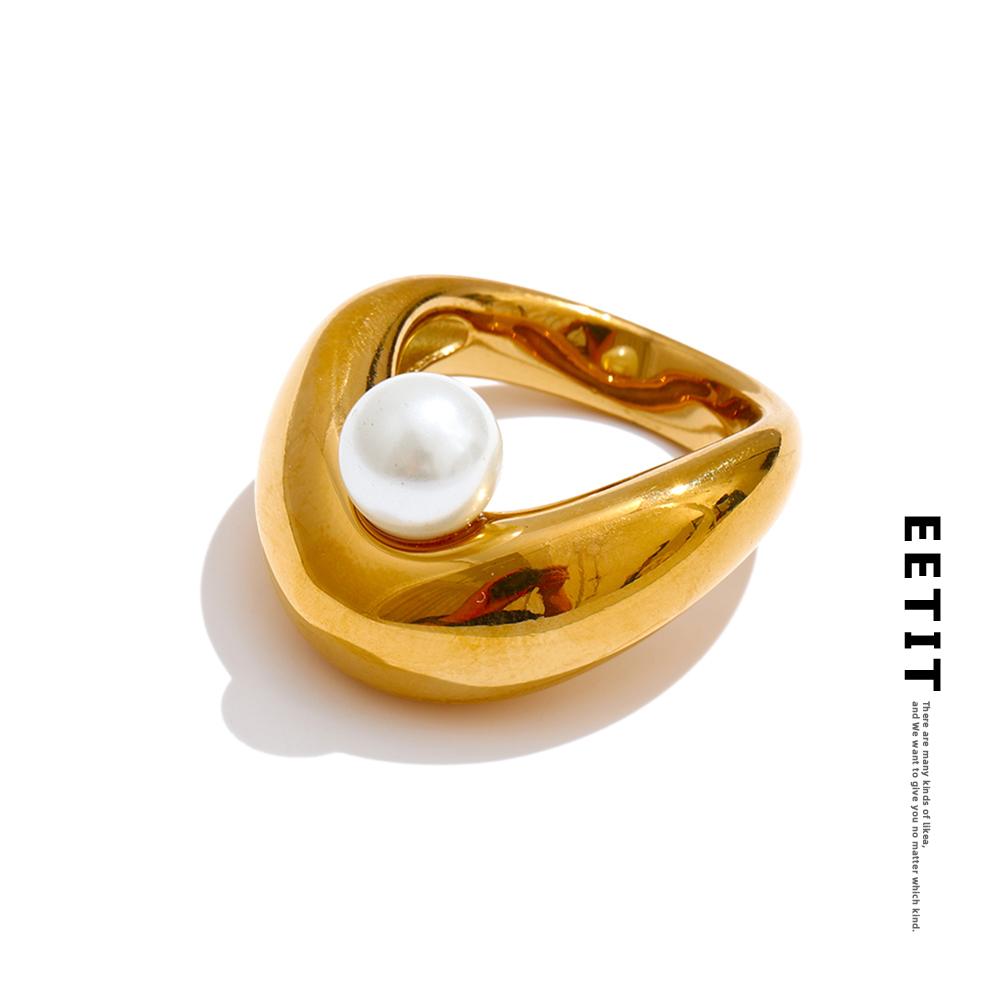 Eetit Glossy Stainless Steel Simulated Pearls Finger Ring Hypoallergenic Metal Minimalist Chic Jewelry Accessories