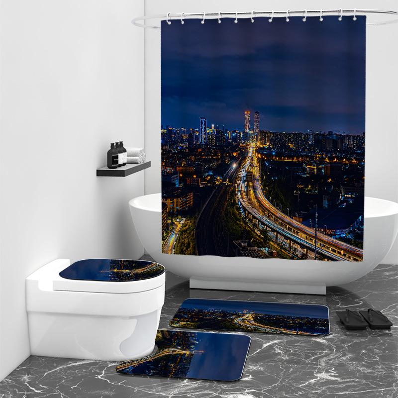 Tenda da doccia stampata digitalmente con vista notturna, tessuto impermeabile per bagno, stanza da bagno sanitaria