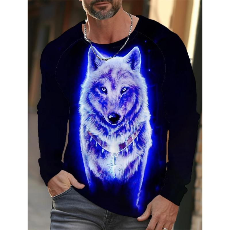 Herren Sommer Langarm 3D-gedrucktes Wolfsmuster T-Shirt Tops Herren Streetwear Kleidung Rundhals Grafik Langarm T-Shirt