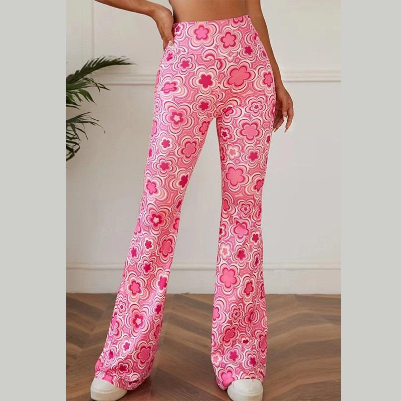 Damskie spodnie z kwiatowym nadrukiem, wysokiej talii, luźne, proste spodnie z szerokimi nogawkami
