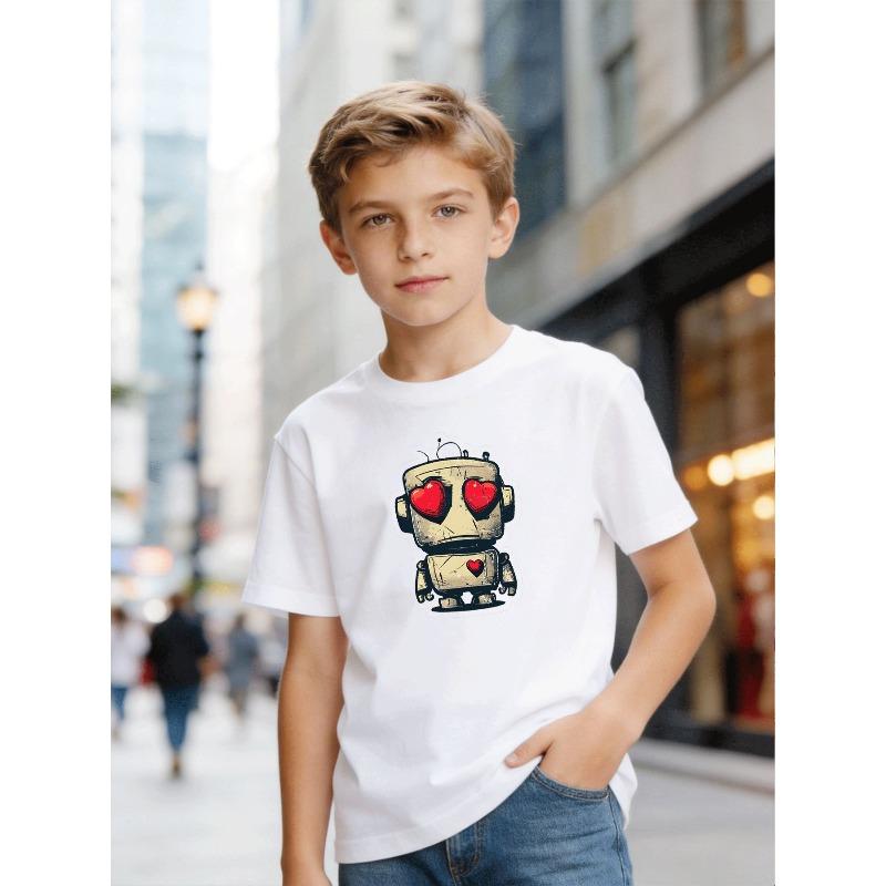 European sizes Casual Boys  T-Shirt Featuring a Trendy Robot Design with Red Heart-Shaped Eyes, Perfect for Kids Aged 5 to 13 for Everyday Wear 110 белый