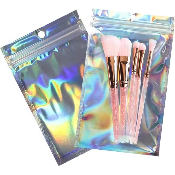 100 KUSŮ Holografické obalové sáčky sáčky se zipem pro malé podnikání, Znovuuzavíratelné potravinové sáčky odolné proti zápachu Fóliové úložné sáčky s průhledným okénkem, Tepelně