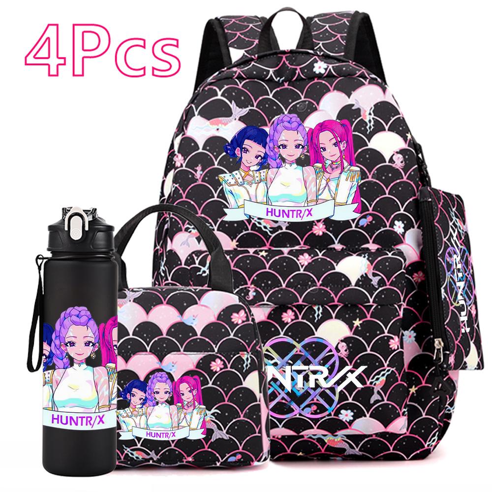 4Pcs/set Anime Cartoon Printed Backpack with Handbag Pencil Case 750Ml Water Bottler for Teenager Boy Girl Large Capacity Bookbag Schoolbag Mochila