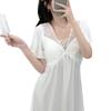French elegant lace ice silk nightdress for women, summer long high-end short-sleeve loungewear with padded breasts, princess-style pajamas