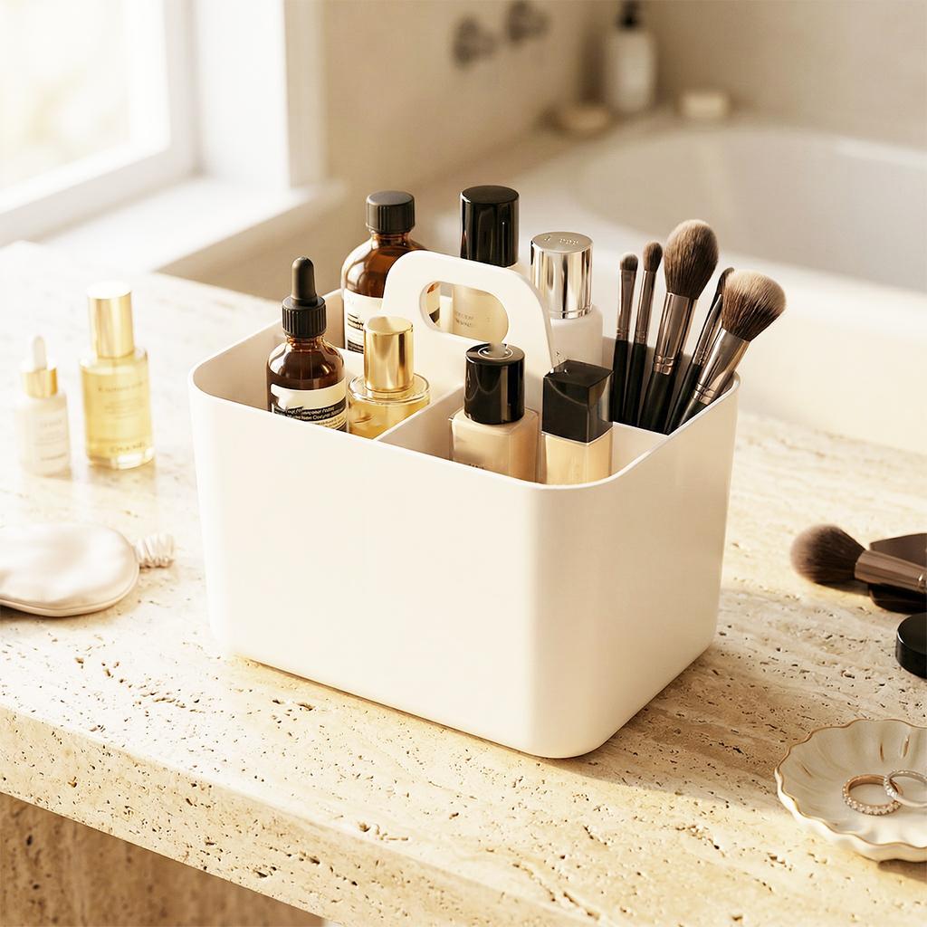 3-Compartment Desktop Storage Box with Handle, Portable Makeup Caddy Organizer for Countertop Skincare, Office Stationery Bin