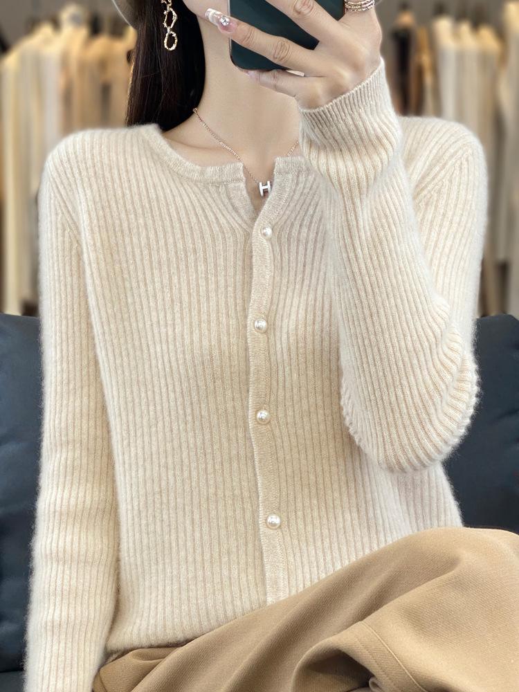Women's Striped Wool Cardigan - New Autumn/Winter Style, Half-Open Collar, Short, Slimming Knit Cashmere Jacket
