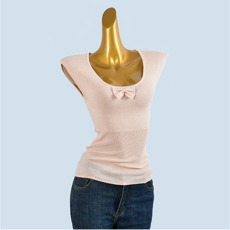 Sweet Bow U Collar Short sleeve T-shirt Women's Spring Summer Six Fleece Pure Desire Style Bottoming Shirt Slim fit Slimming Top