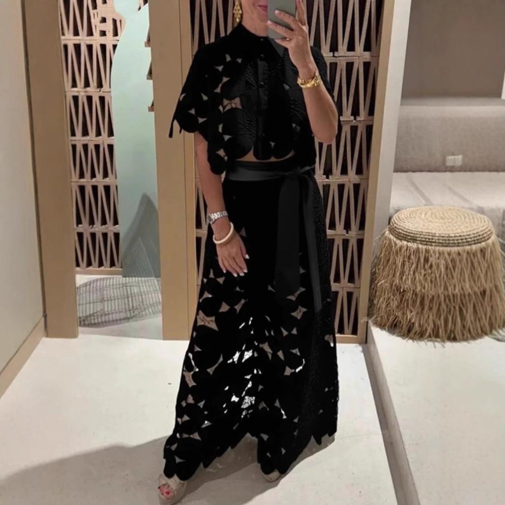 Women's Sets Casual Solid Color Hollow Lace Shirt Trousers Casual 2-piece Package