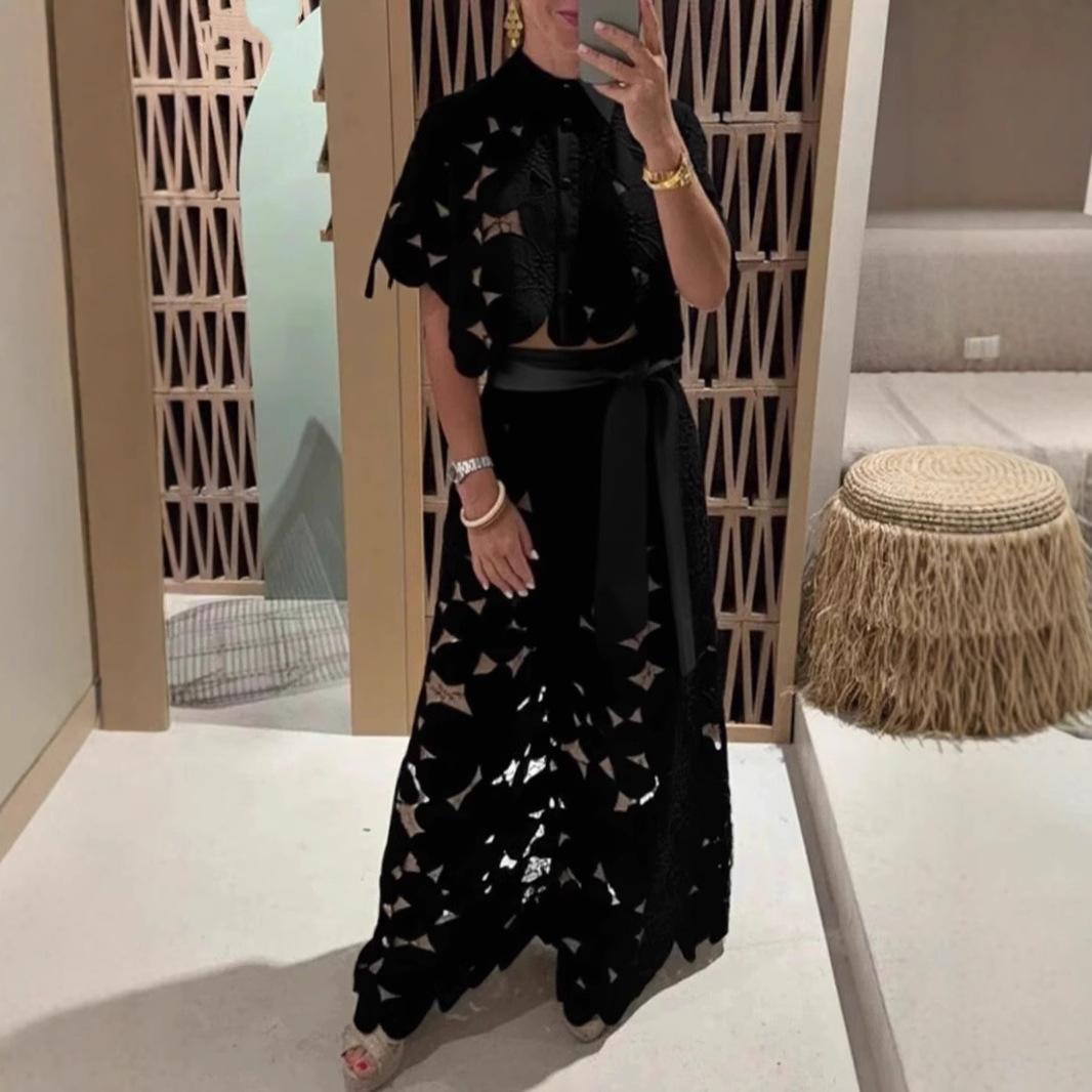 

Женские комплекты однотонная рубашка с полым кружевом брюки повседневный пакет из 2 предметов XL чёрный