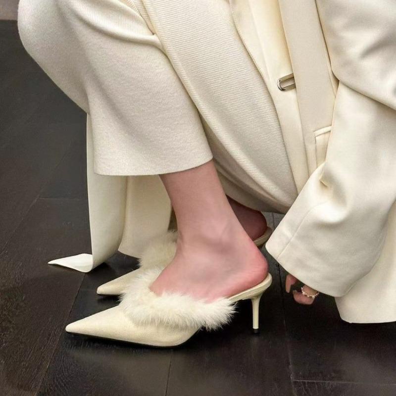 Gentle hairy pointed slippers women's winter bag head high heel half slippers mature piled cotton slippers