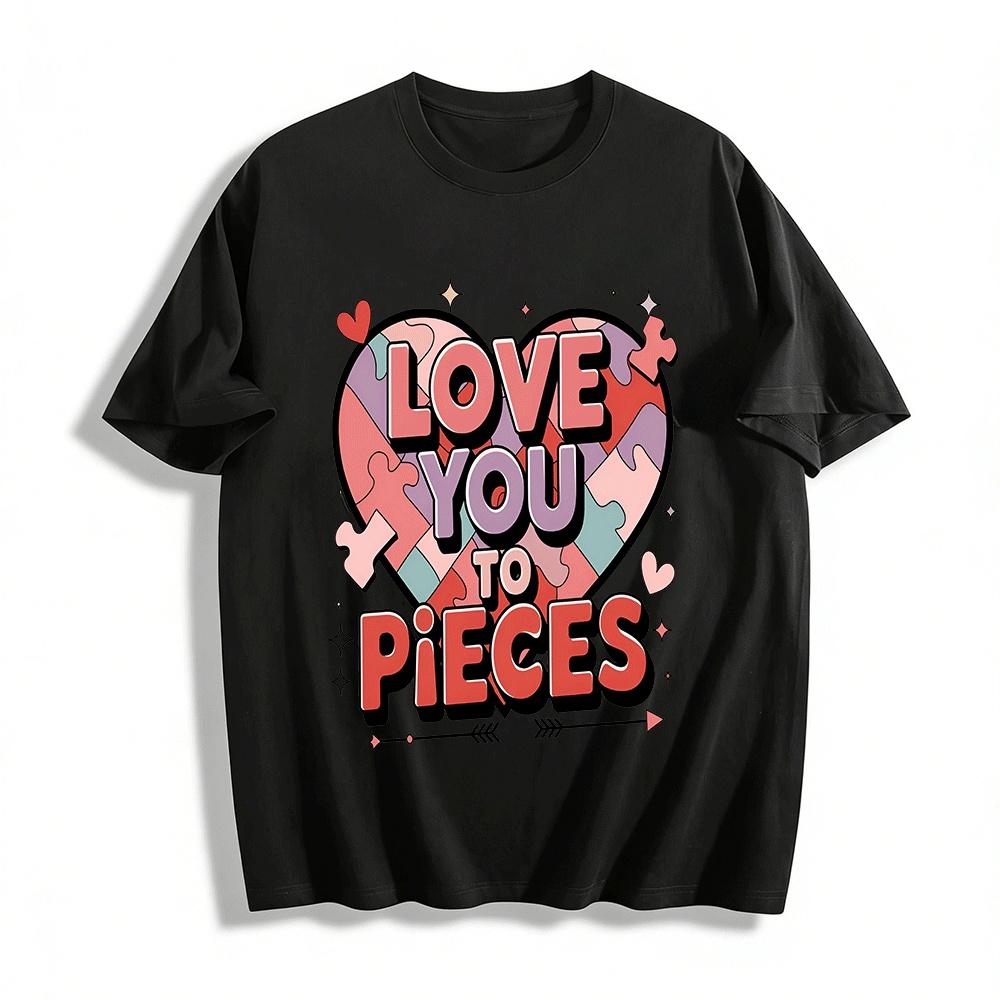 

Love You To Pieces Puzzle Heart Print Couple Short Sleeve Tee Pure cotton T-shirt XXS