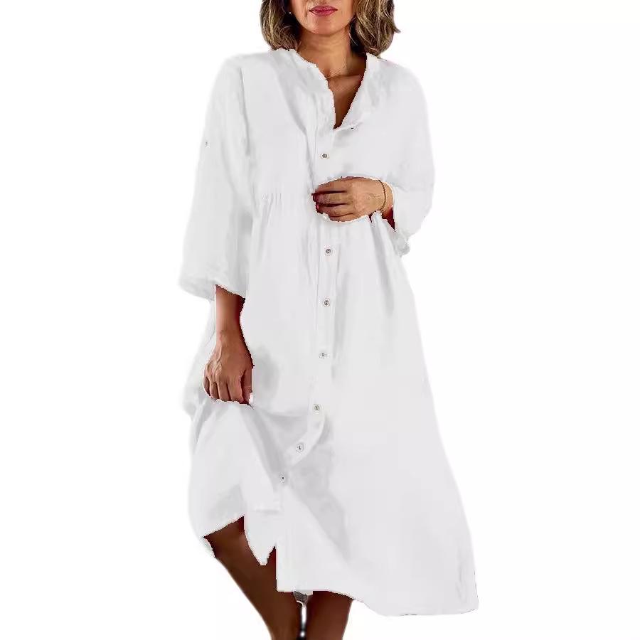 Women's 2026 Casual Cotton Linen Solid Color Button Long Dress