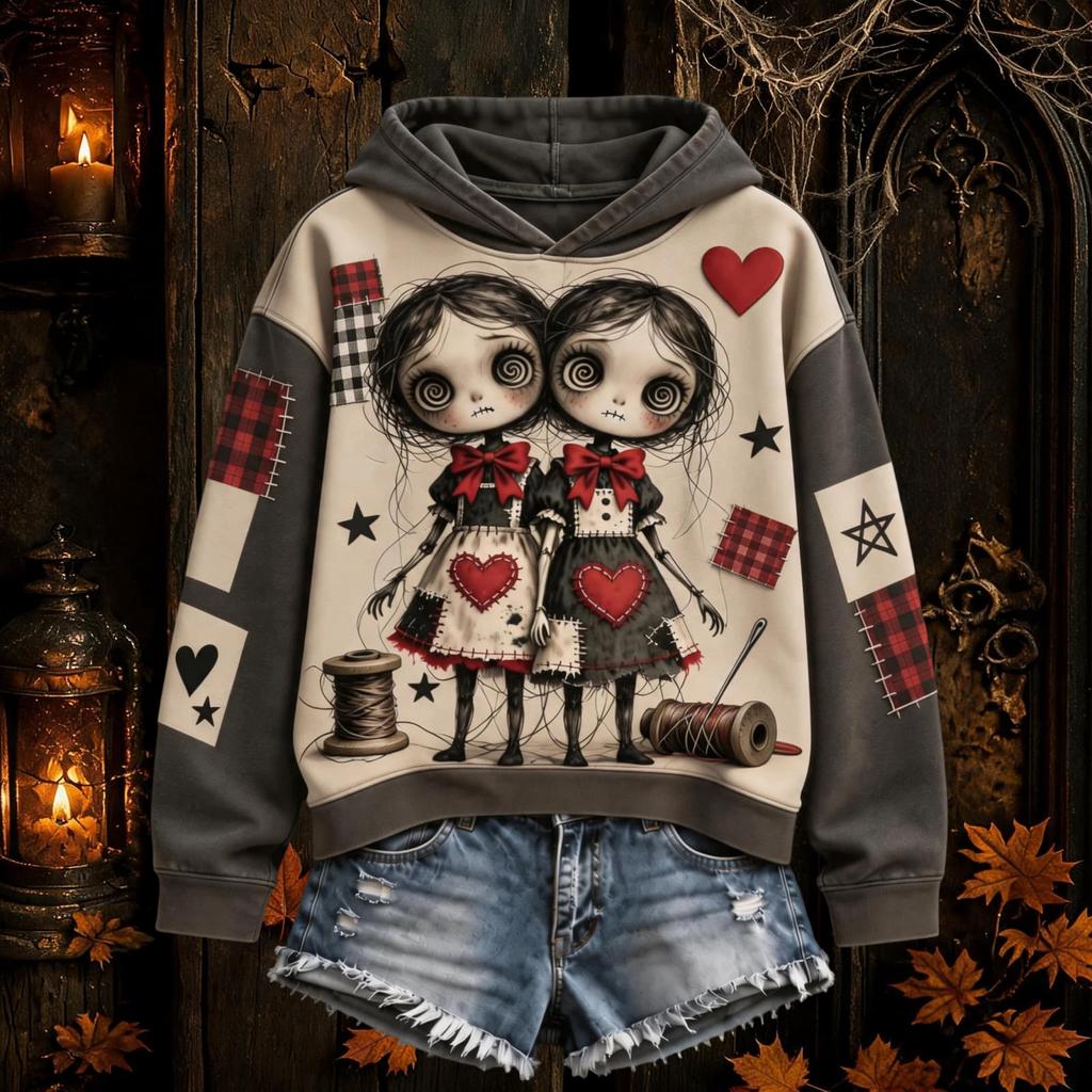 Women's Halloween Gothic Print Hooded Pullover Long Sleeve Sweatshirt