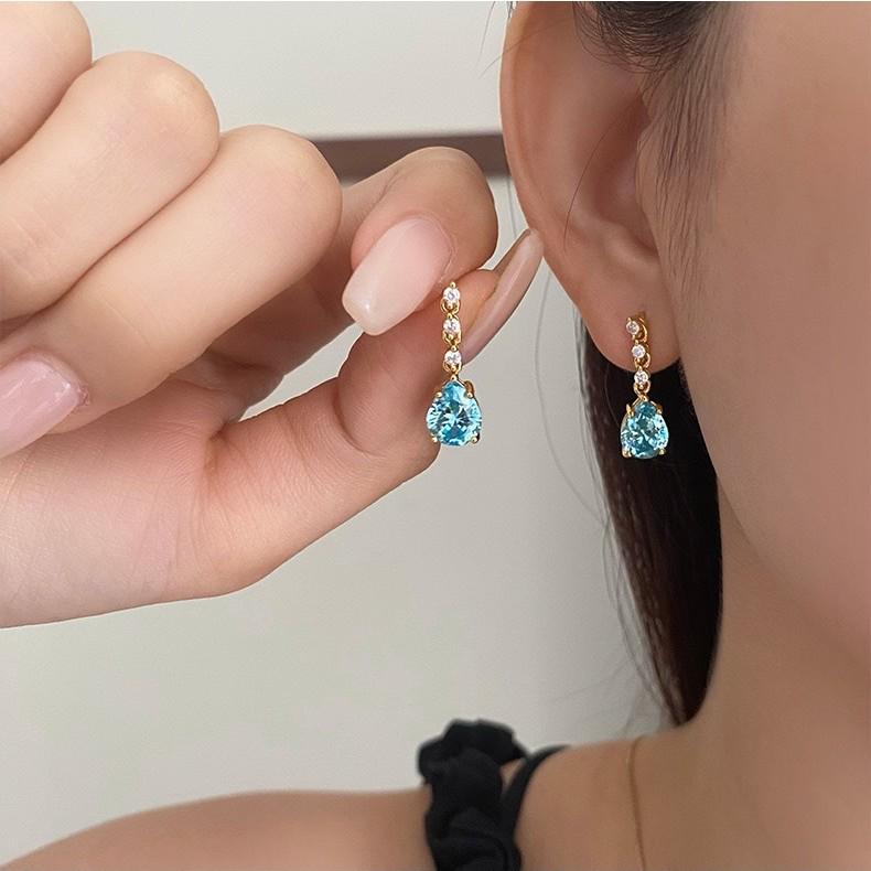 Kolczyki w kształcie łzy z akwamarynem, Srebro Sterlingowe S925, Pozłacane 18K Złotem, Błękitny Topaz w Kształcie Gruszki z Frędzlami dla Kobiet