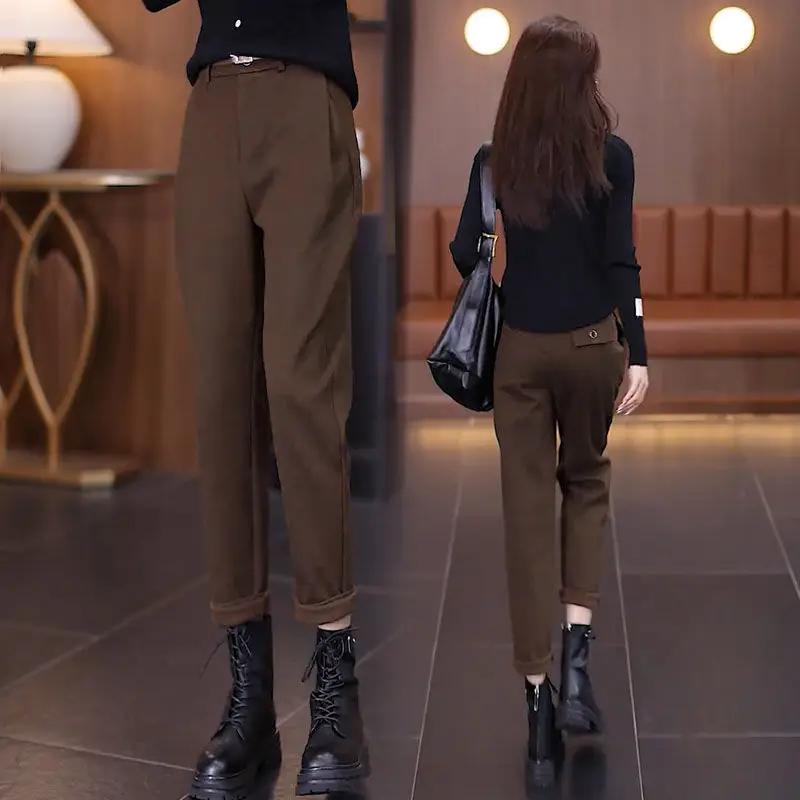 Herbst und Winter Damen Einfarbig Gerade Hosen Slim Knopf Mode Lässig Formell Büro Dame All Match Hosen