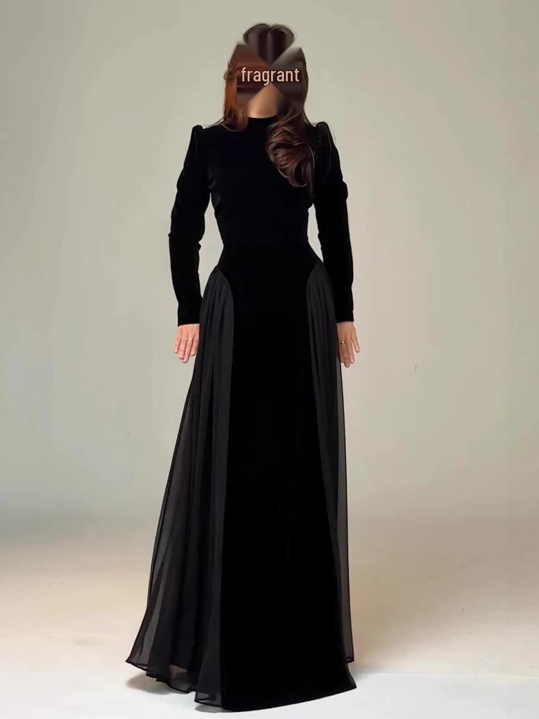 Spring 2026 Women's Gold Velvet Chiffon Slim-Fit Dress