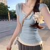 Fashion Sweet Floral Lace Trim Short Sleeve TShirt Women Summer Slimming Blouse Short Style Top Fake Two Piece Pure Desire Splice Shirt