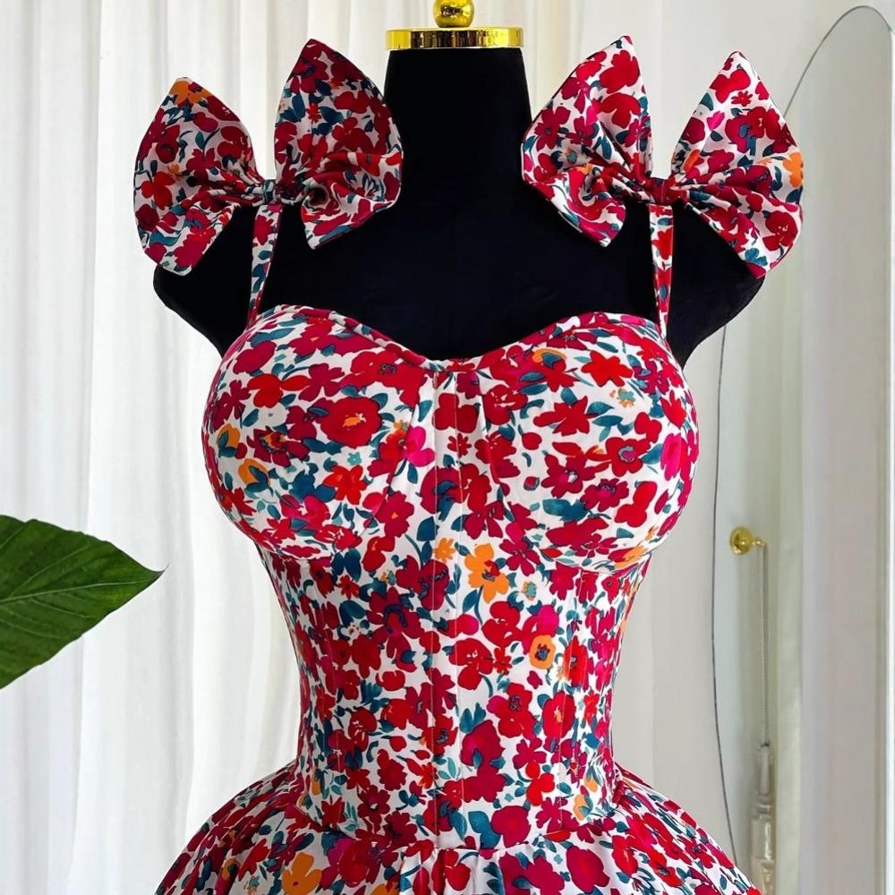 Women's Sweetheart Neck Sleeveless Mini Dress A Line Fit High Waist Sexy Floral Print Spring Sundress With Bow Spaghetti Straps