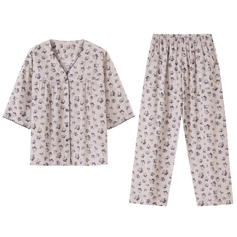 Pajamas women's summer woven pure cotton seven-quarter sleeve gauze cotton thin middle-aged mother spring and autumn loungewear suit