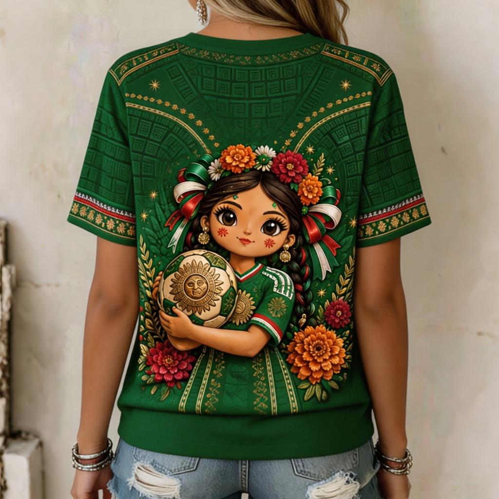 Women's Mexico Inspired V-Neck Short Sleeve Printed T-Shirt for Casual Everyday Wear