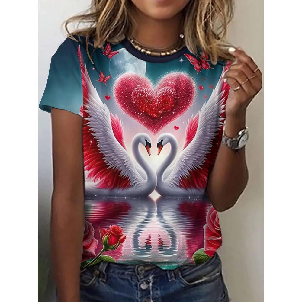 Fashion Valentine s Day geometric heart-shaped rose printed T-shirt 2XS