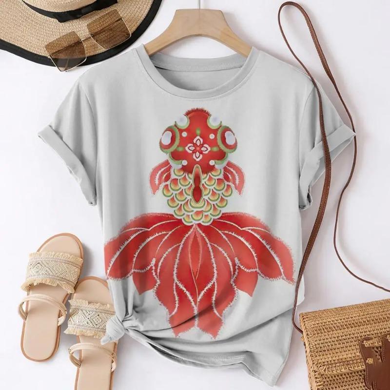 Camisetas Estampadas 3D de Verão Peixe Koi Mulheres Streetwear Moda Casual Harajuku Y2k Camiseta de Manga Curta Gola O Tops Roupas