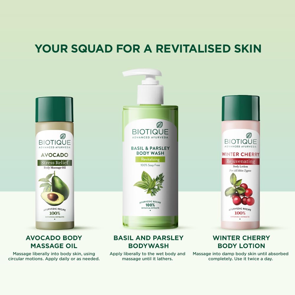Biotique Basil & Parsley Body Wash 300ml, Revitalizing & Soothing Gel for All Skin Types, Natural Brightening Shower Cleanser