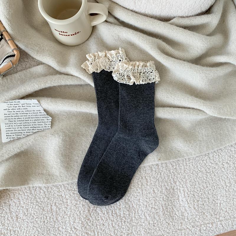 Autumn Socks Japanese Students Lace Double Needle Tube Socks Female Sweet Lolita Jk Wind Pile Socks