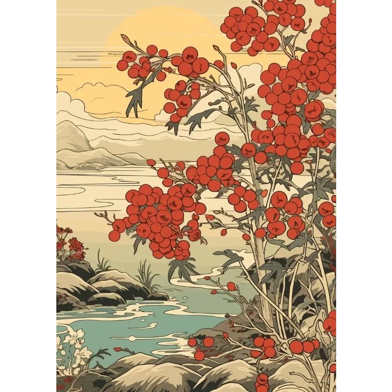 Canvas Printing Fruit Japanese Vintage Creative Landscape Forest Lake Posters and Prints Wall Art Picture for Living Room Decor