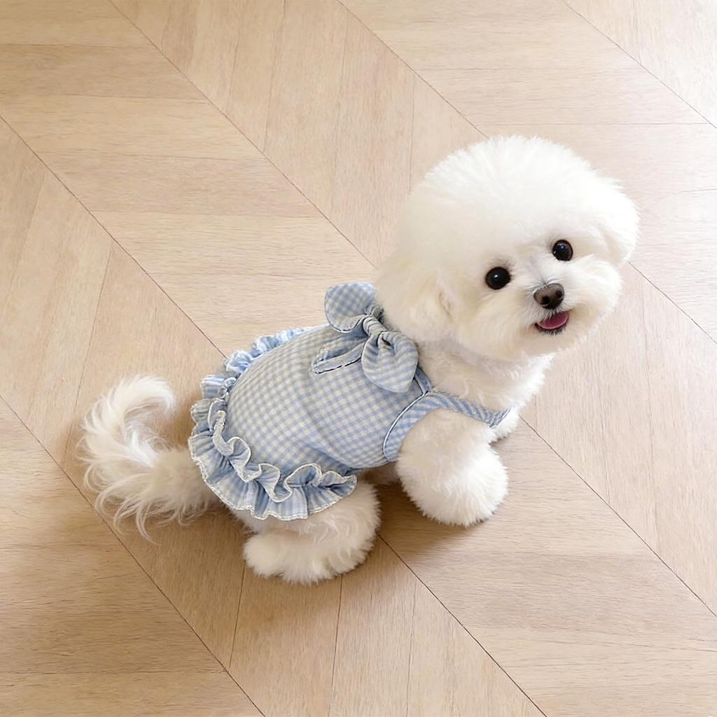 Dog Summer Dress Thin Sleeveless Princess Dress with Bowknot Plaid Pattern for Small Dogs