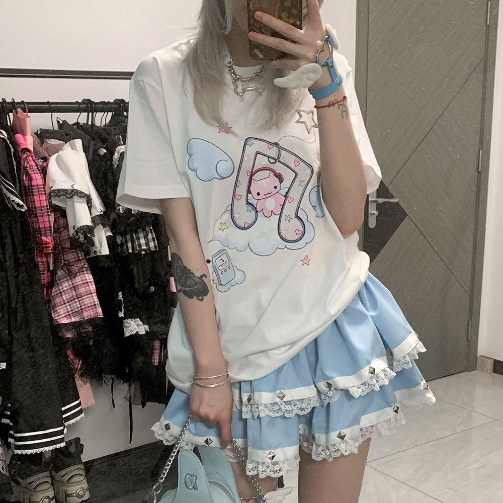 Sommer Kawaii Süße T-Shirts Damen Japanische Mode Harajuku Streetwear Cartoon-Druck Lockere T-Shirts Oberteile Weich Gril Y2k