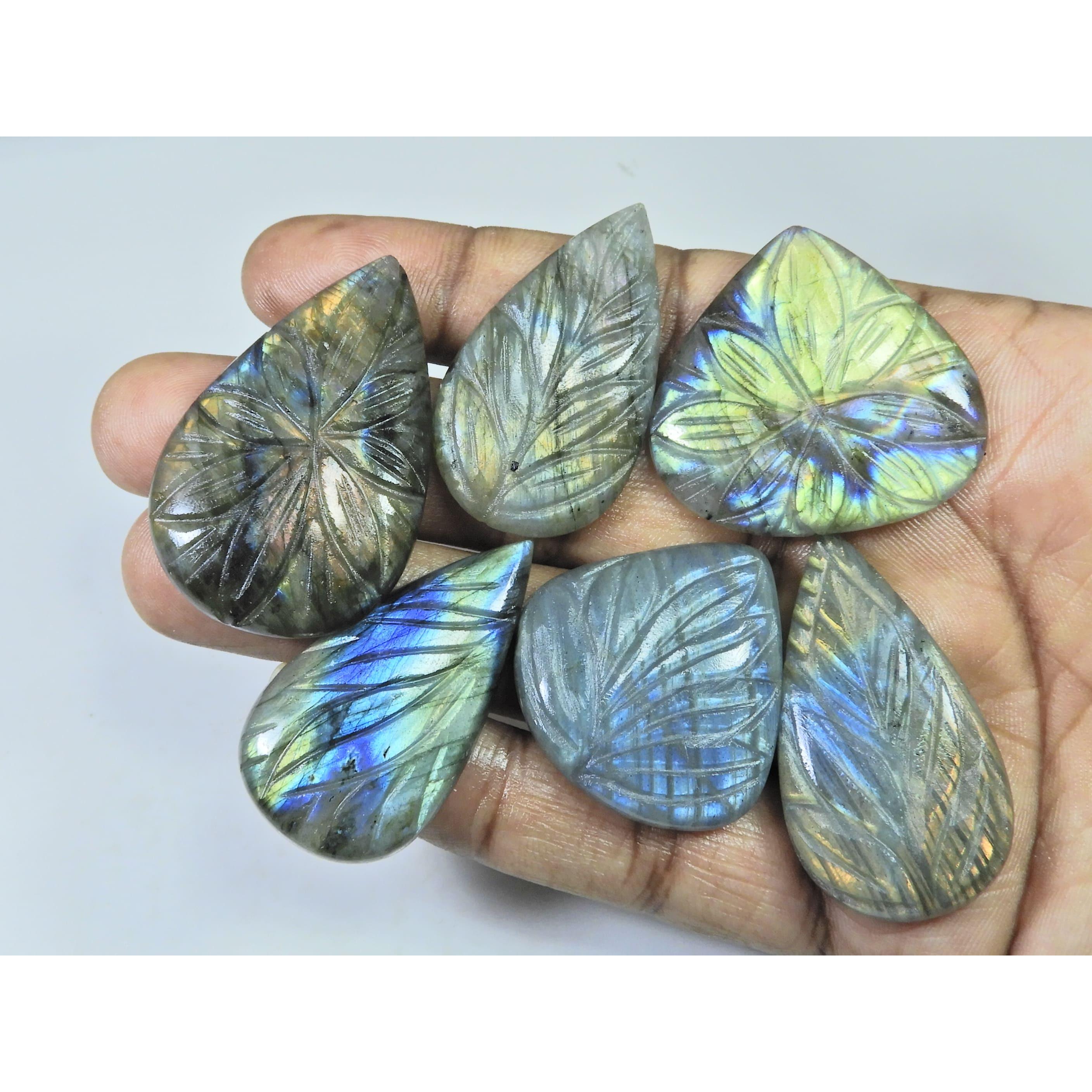 

324Cts. Natural Labradorite Carving Pear Cabochon Loose Gemstone 7Pcs Lot LL-1039