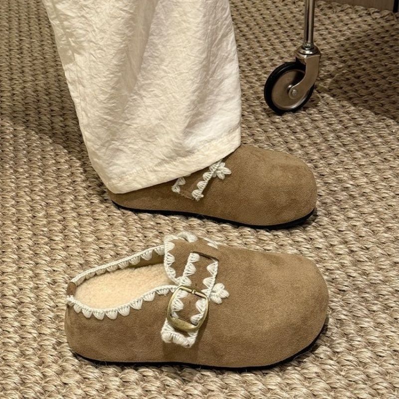 Thick-soled heightening fleece slippers for women's outer wear winter new Baotou retro casual lace Birkencotton slippers