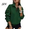 Langarm-Layering-Oberteile Damen Übergroßer Pullover, Stehkragen Reißverschluss Halbe Knopfleiste Oberteile, Leichter Pullover für Lässige Streetwear Entspannt