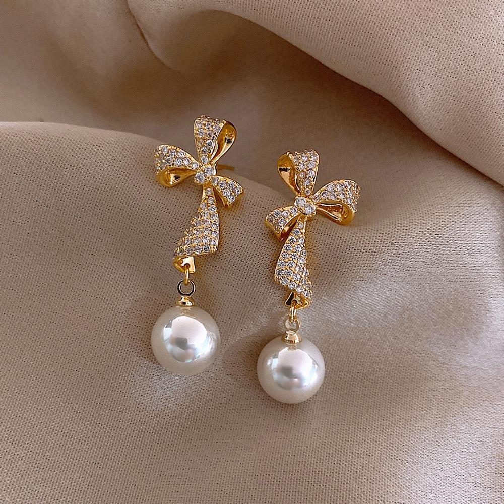 

Elegant Cute Women Geometric Girls S925 Crystal Dangle Earrings Pearl Stud Earrings Bow Rhinestone